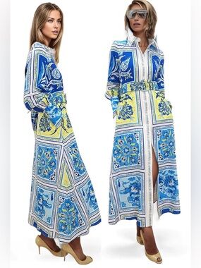 NWT N by Nancy Mediterranean-style tile print maxi shirt dress, Size L